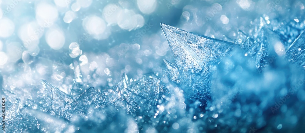 Poster close-up view of crystalline ice formations with blurred bokeh background in shades of blue and whit