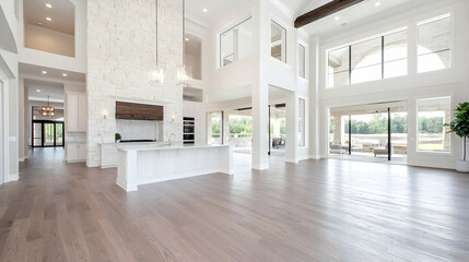 Fototapeta premium Luxurious open-plan home interior, kitchen island, lake view