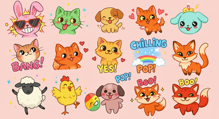 Illustration of cute cartoon animals and characters on a pastel pink background with words like YES!, BANG!, CHILLING, and BOO!.