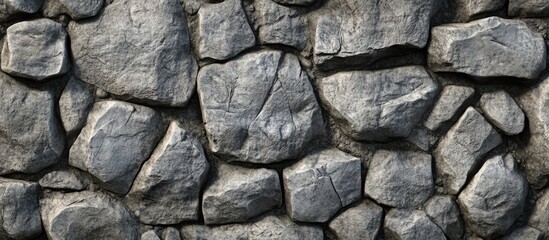 Obraz premium Textured stone wall background with irregularly shaped gray rocks creating a rough surface suitable for various design applications Copy Space