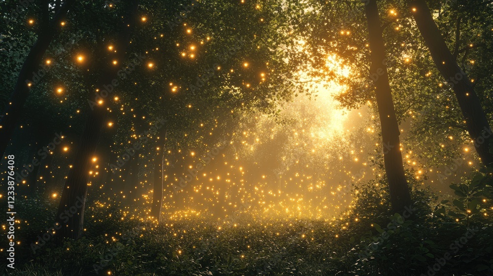 Poster magical forest with glowing orbs illuminated by sunlight in a mystical universe setting