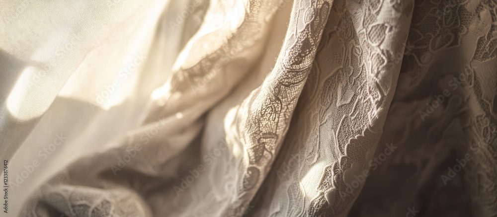 Poster texture of delicate lace fabric draped softly with warm natural light highlighting intricate details
