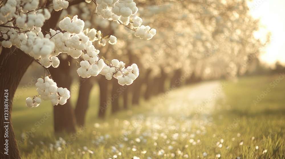 Poster cotton trees in full bloom creating a serene plantation landscape with empty copyspace for text or d