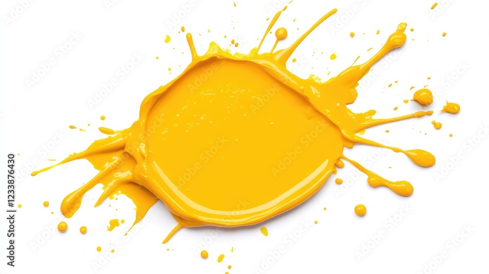 Poster vibrant yellow paint splash creatively dispersing on a clean white background highlighting abstract 