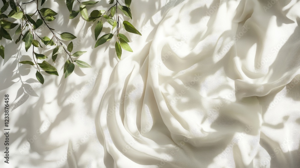 Poster empty cotton white scarf mockup with natural leaves casting shadows on soft background creating a se