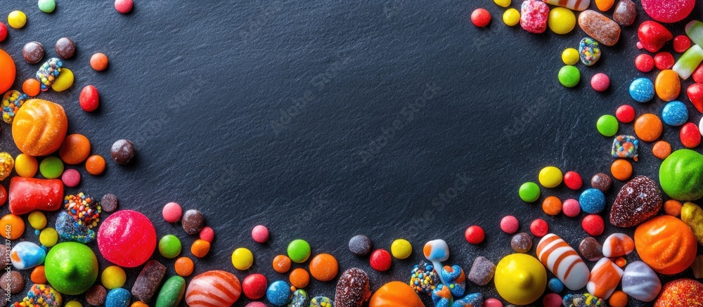 Poster Colorful assorted candies arranged on a dark stone surface with copy space for text and design elements