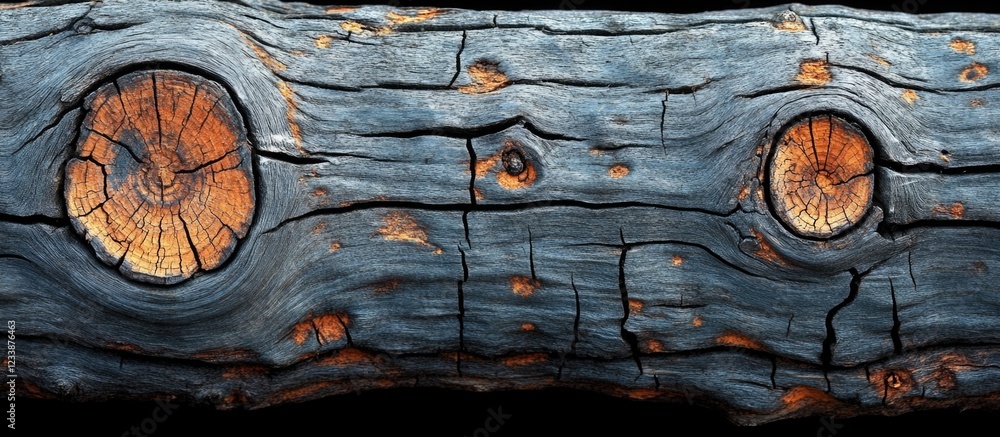Poster old weathered wooden log with tree rings and textured surface against a dark background suitable for
