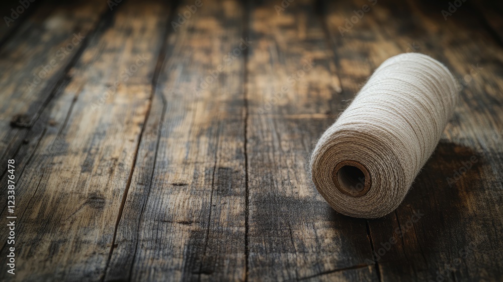 Poster cotton fabric spool on rustic wooden table with ample empty space for text or product placement