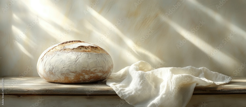 Poster artisan bread loaf on a rustic wooden table with textured linen cloth and soft light effects creatin
