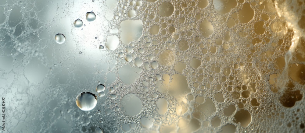 Aufkleber close-up of bubbles and water droplets on a textured surface with a blurred background creating an a
