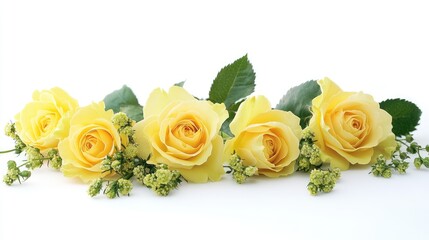 Vibrant arrangement of yellow roses and delicate green leaves on a pristine white background showcasing floral elegance and freshness