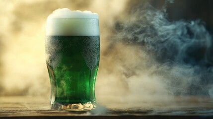 Green beer glass with dry ice smoke on wooden surface festive background creating enchanting atmosphere with empty space for text