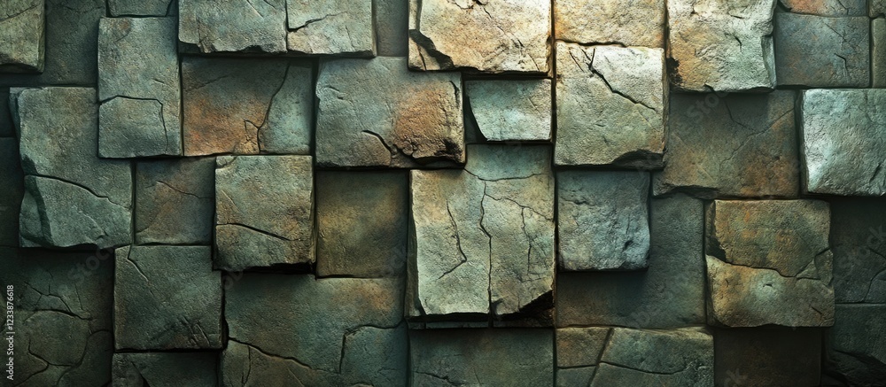 Poster textured stone wall background with uneven surfaces and color variations. natural stone tiles arrang