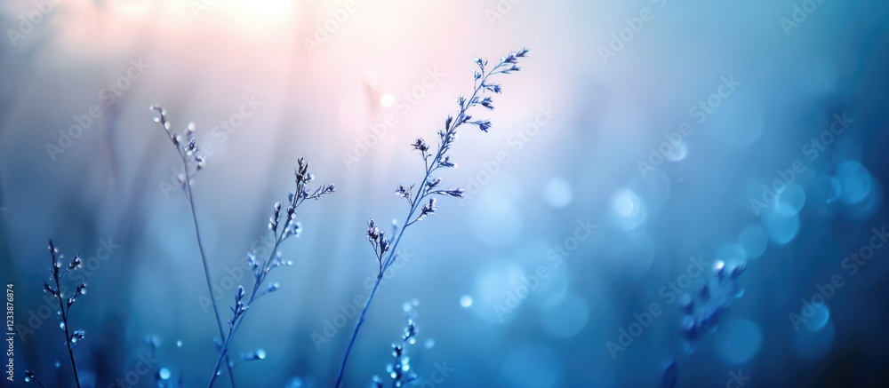 Aufkleber blue blurred background with delicate grass stems and water droplets illuminated by soft light, natu