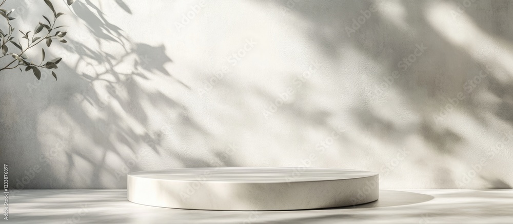 Poster minimalist empty pedestal with subtle shadows and soft natural lighting on a light wall background s