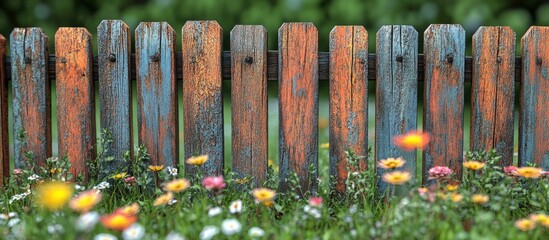 Obraz premium Rustic wooden fence with colorful flowers in foreground and blurred green background Copy Space