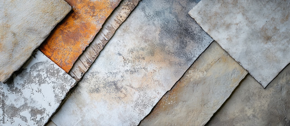 Poster textured surface tiles in various colors and patterns arranged diagonally with neutral tones and sli