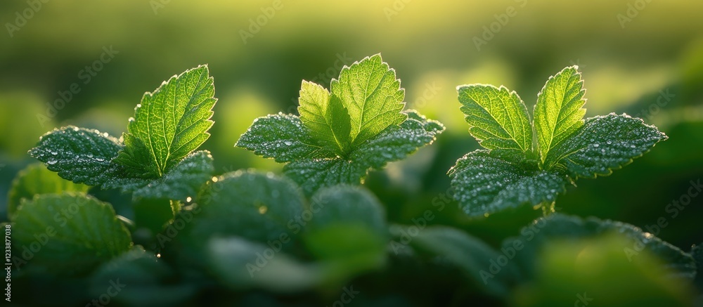 Poster close-up of dew-covered green mint leaves with soft sunlight background and shallow depth of field c