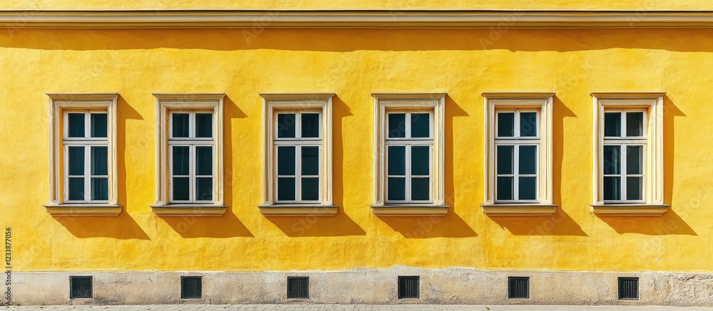 Poster yellow wall with five windows and shadows showcasing architectural details and design features copy 