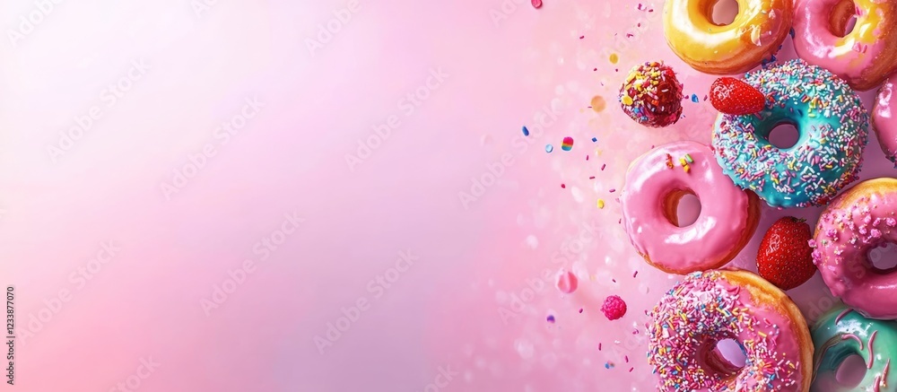 Poster vibrant selection of colorful donuts with various toppings creating an enticing dessert scene with a