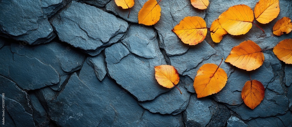 Poster autumn leaves on textured dark slate surface with copy space for text or design elements.