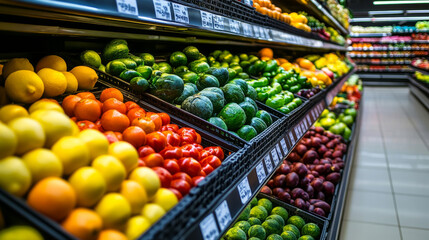 Obraz premium An almost empty grocery store aisle with bright produce neatly displayed. Clean, organized supermarket environment, perfect for retail or food shopping themes