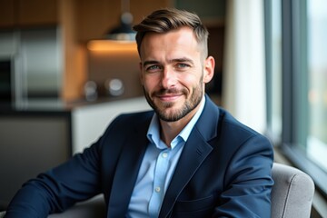 Fototapeta premium Professional Male in Suit Relaxing at Modern Office Space with Bright Natural Light and Contemporary Design Elements