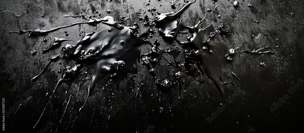 Poster black paint splatters on a dark textured surface with droplets showcasing artistic and abstract patt