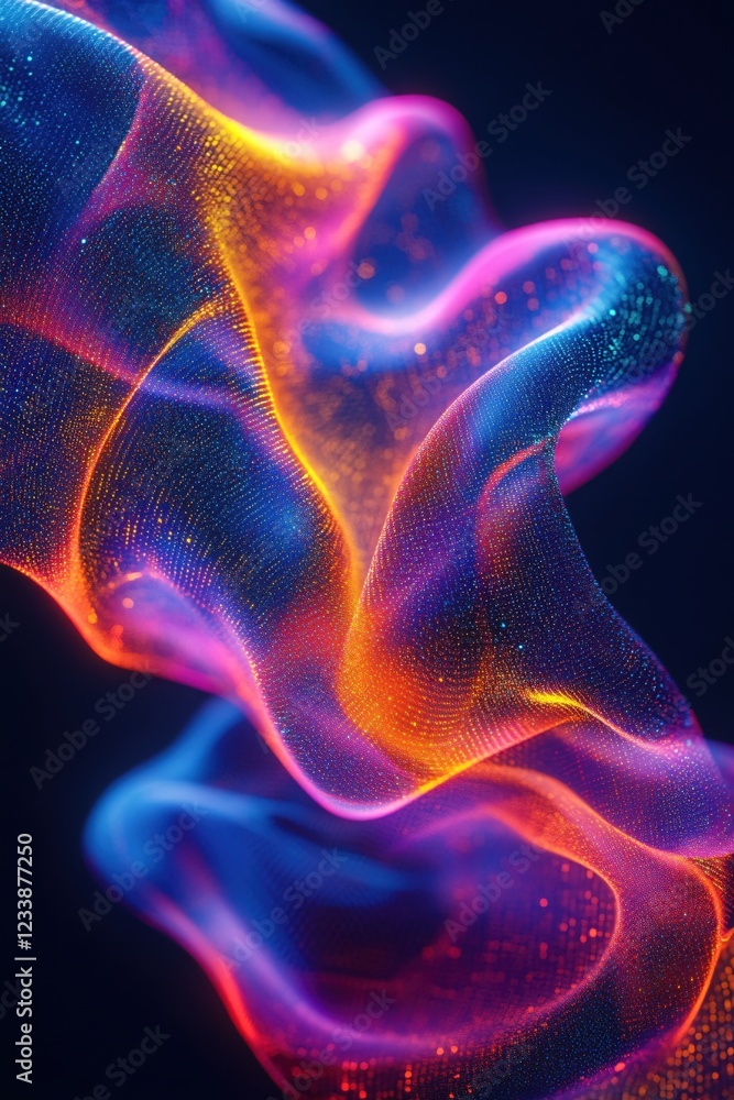 Poster abstract digital wave with vibrant glowing particles flowing on a dark background rendering