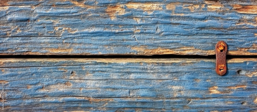 Aufkleber rustic blue weathered wooden background with a rusted iron fastener and visible grain patterns, idea