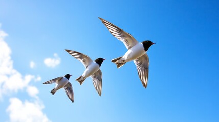 Obraz premium Three Birds in Flight Against a Clear Blue Sky