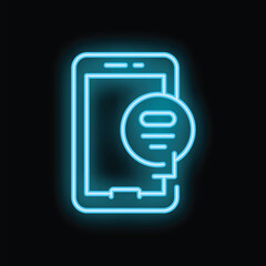 Bright blue neon icon of a smartphone with a document symbol on a black background