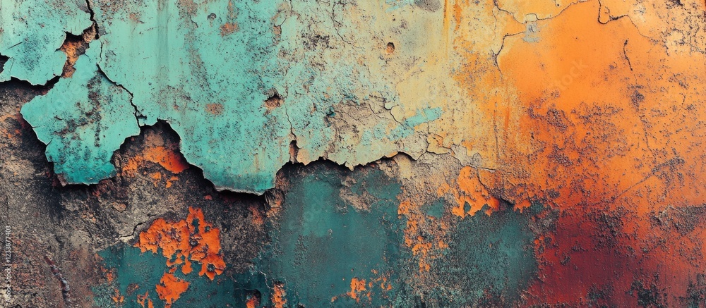Aufkleber abstract textured background with peeling paint in shades of turquoise, orange and rust, suitable fo