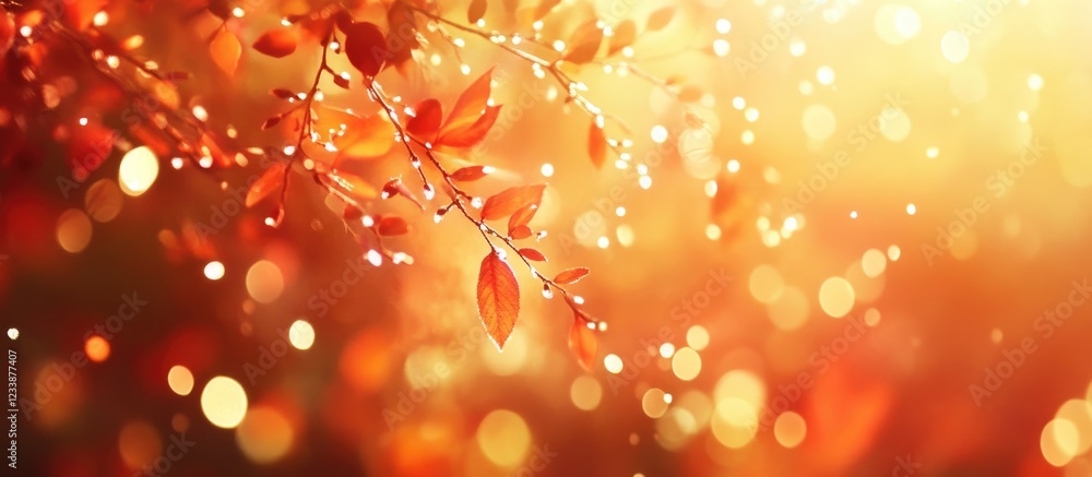 Poster autumn leaves with warm golden glow creating bokeh effect and soft light background ideal for nature