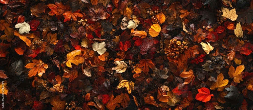 Poster colorful autumn leaves background with various leaf types and textures, abstract nature pattern with