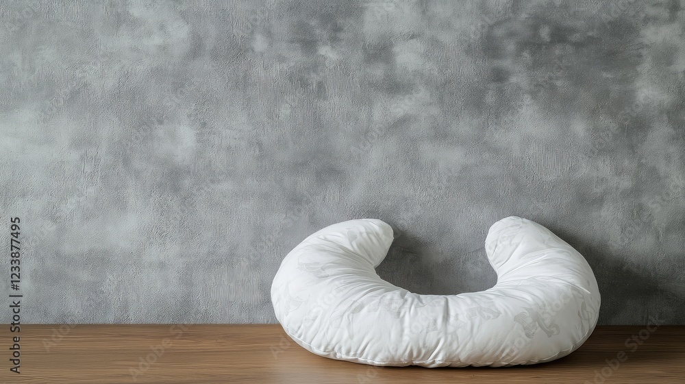 Poster cotton neck pillow on wooden surface with soft gray wall background featuring empty copyspace for te