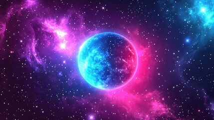 Fototapeta premium Cosmic Starry Night Illustration Featuring a Glowing Neon Planet Against a Vibrant Space Background