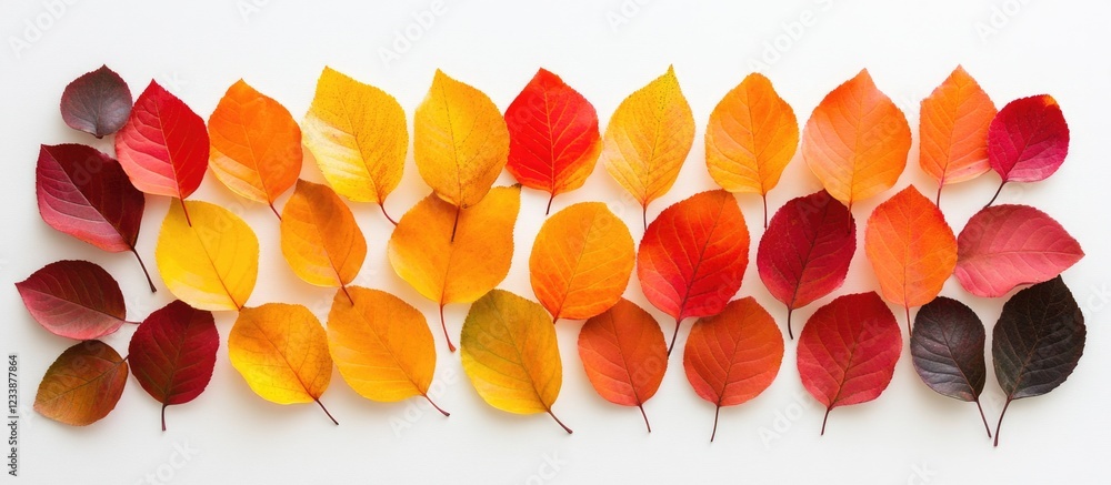 Poster array of autumn leaves in gradient colors from red to yellow arranged in rows on a white background.