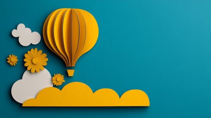 Whimsical Aerial Voyage: A paper-crafted hot air balloon soars alongside playful paper-cut clouds and radiant blooms, embodying a spirit of exploration and adventure against a vibrant teal backdrop.