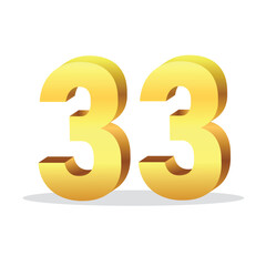 3d gold number 33 isolated vector design on white background