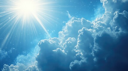 Cosmic Light Breaking Through Clouds in a Blue Sky Illuminating the Atmosphere with a Serene and Ethereal Quality