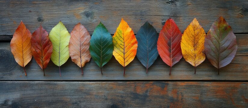 Row of Colorful Autumn Leaves on Rustic Wooden Background