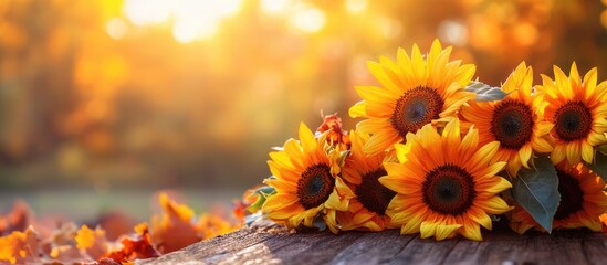 Fototapeta premium Sunflowers on Wooden Surface with Autumn Leaves and Blurred Background