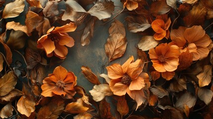 Fototapeta premium Dried Autumn Leaves and Flowers Background with Textured Stone Surface