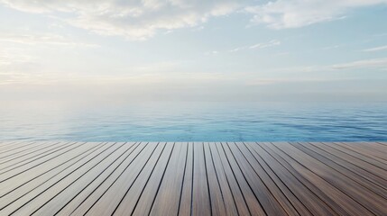 Obraz premium Wooden Deck Flooring Over Calm Blue Ocean Water with Soft Sky and Empty Space for Text for Summer Promotions or Travel Ads