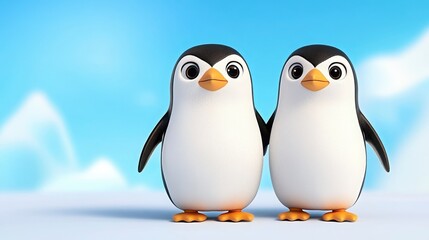 Fototapeta premium Cute cartoon penguin characters standing together in winter landscape