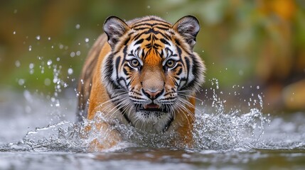 Majestic Tiger Emerging from Water: A Stunning Wildlife Encounter