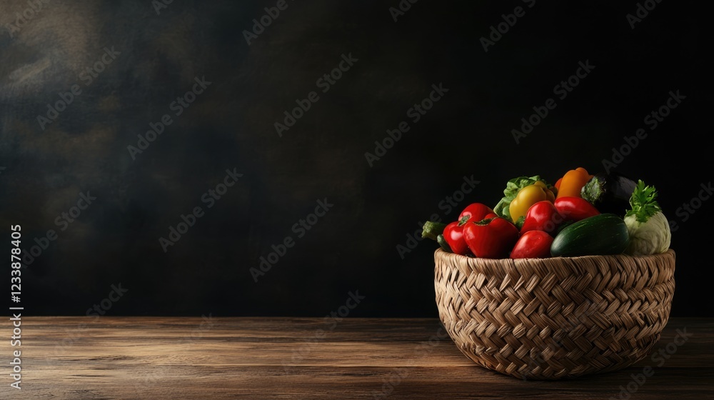 Aufkleber woven basket with assorted fresh vegetables displayed on wooden table with space for custom text or 