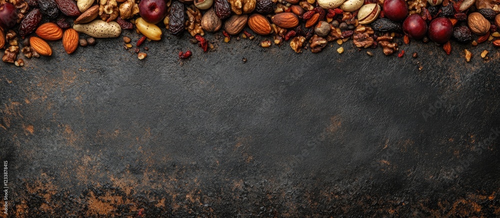 Poster Assorted Nuts and Seeds on Dark Rustic Background with Copy Space