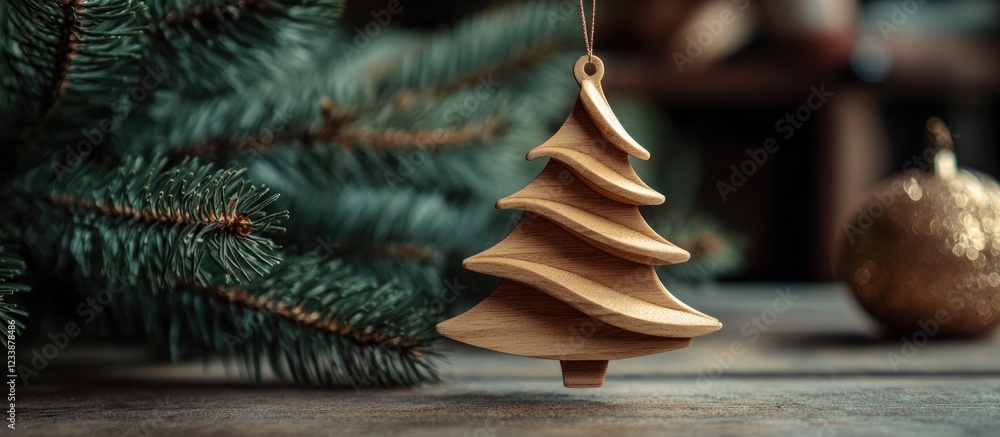 Poster cedar christmas ornament hanging on fir tree with workshop background and empty space for text